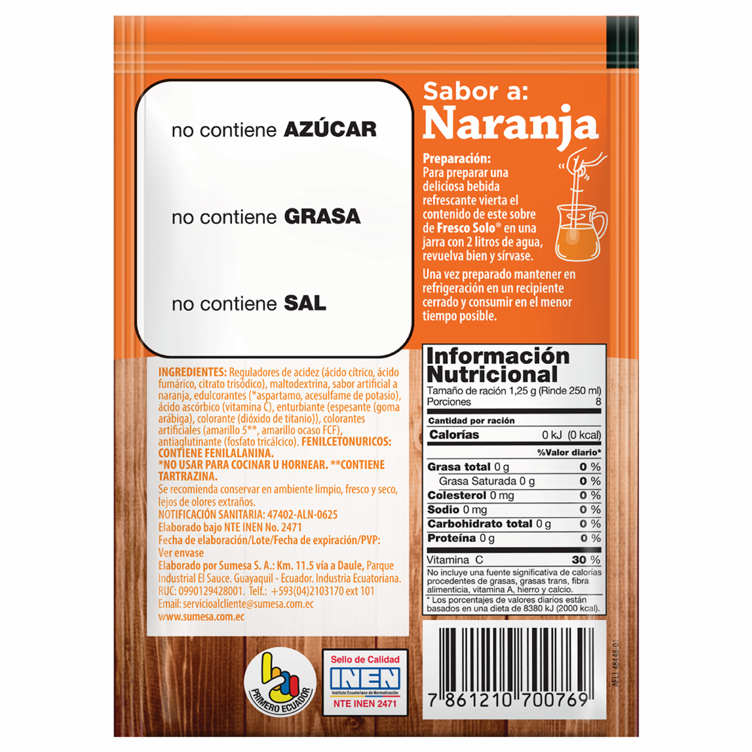 Mezcla En Polvo Para Bebida Sabor A Naranja Sin Azúcar FRESCO SOLO 10 g