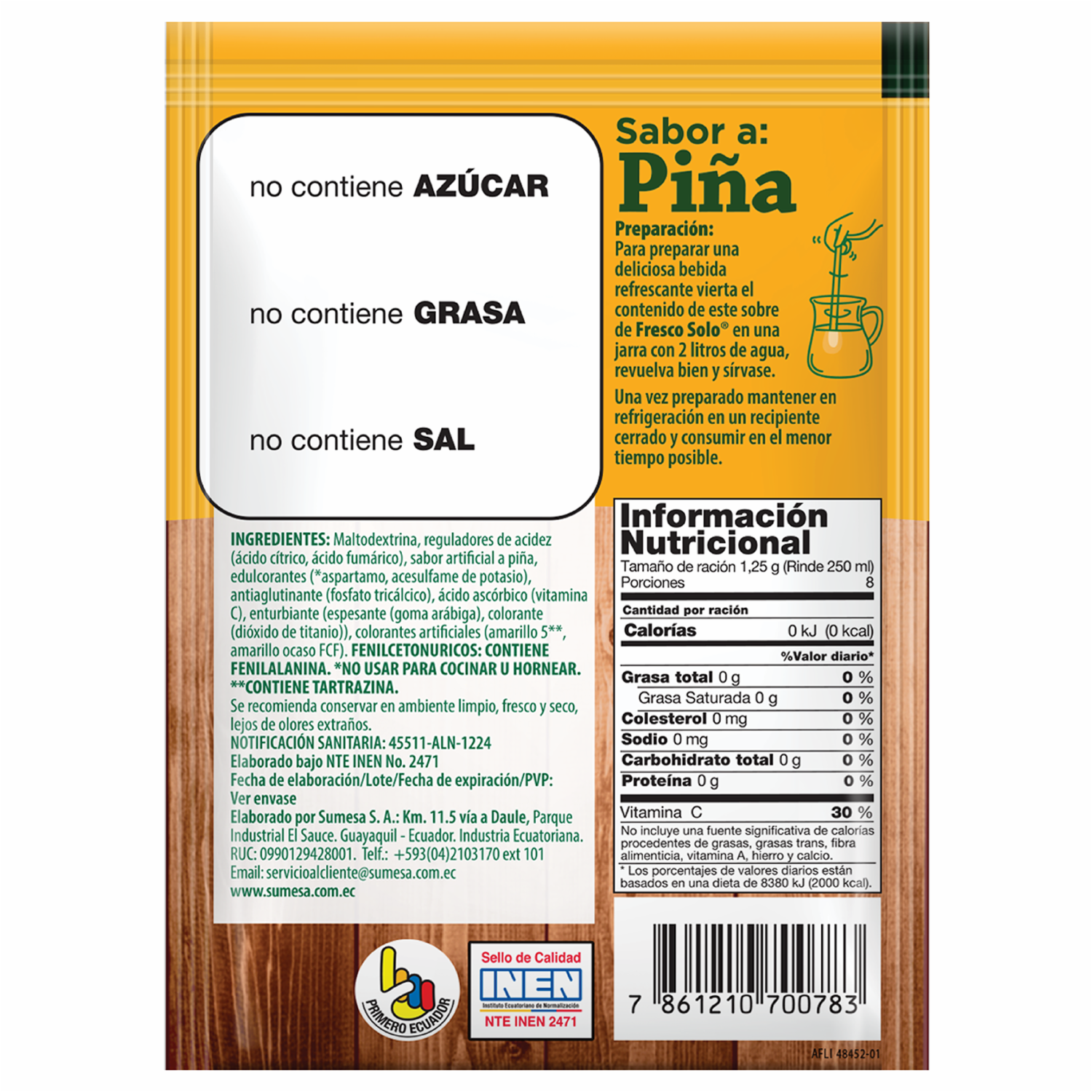 Mezcla En Polvo Para Bebida Sabor A Piña Sin Azúcar FRESCO SOLO Sobre