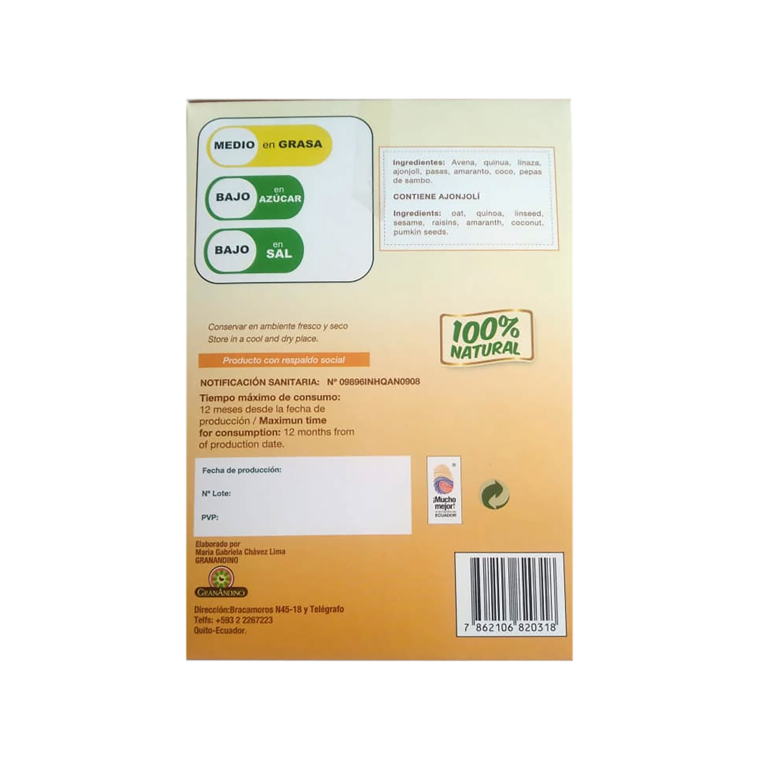 Granola Orgánica Con Quinua Y Amaranto Sin Azúcar RANDIMPAK 350 G