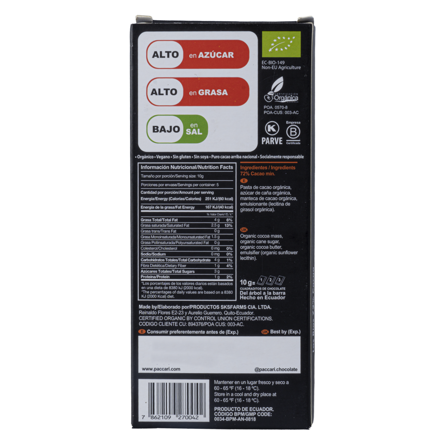 Chocolate Orgánico Los Rios 0,72 Sin Leche PACCARI Tableta
