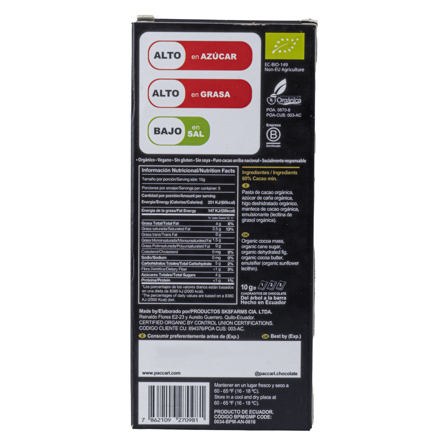 Chocolate Con Higos PACCARI 50 G