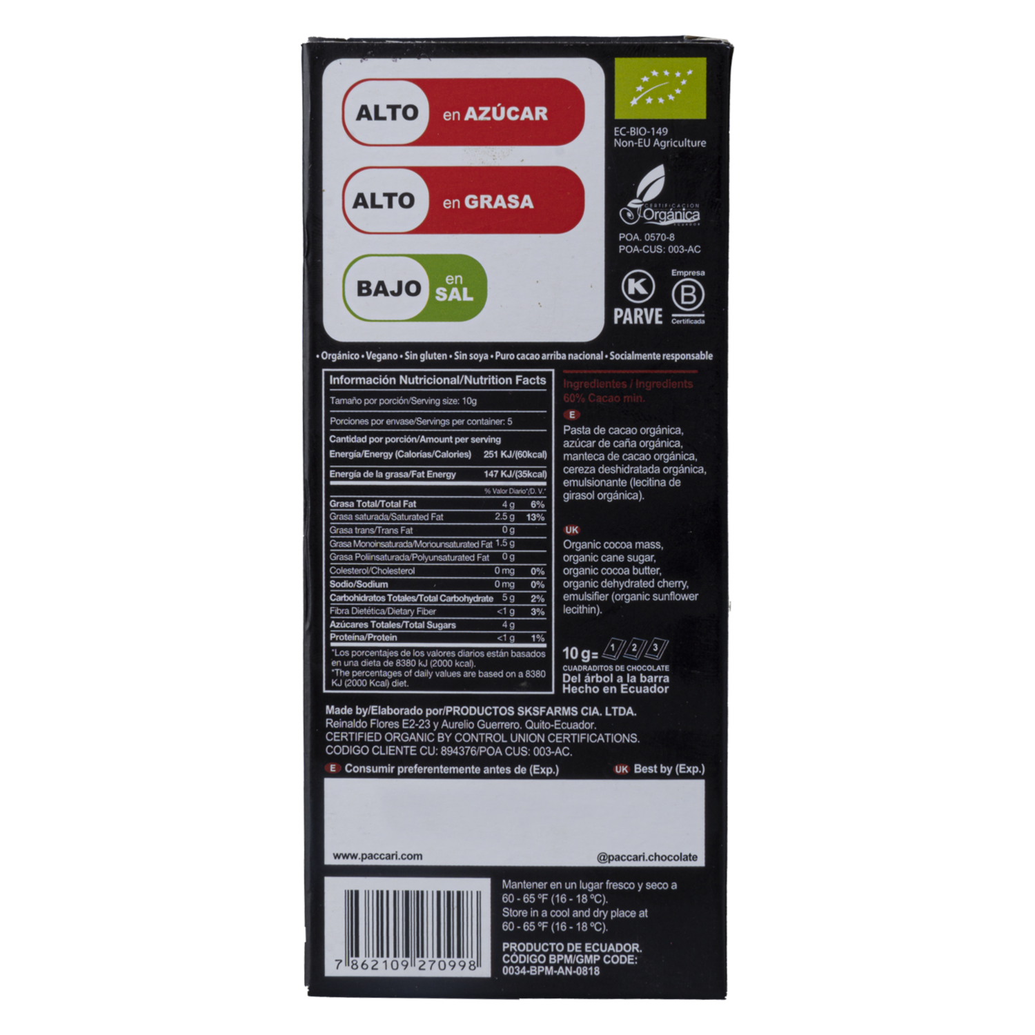 Chocolate Orgánico De Cereza PACCARI 50 G