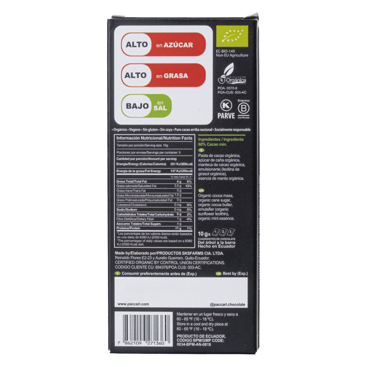 Chocolate Con Menta PACCARI 50 G
