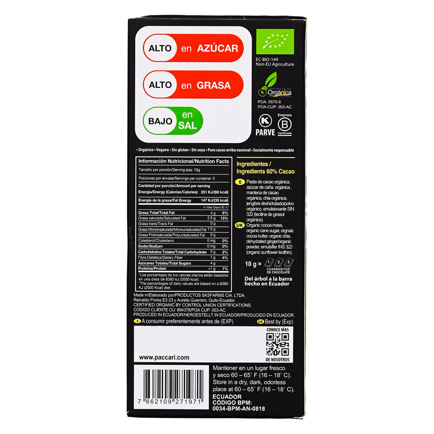 Chocolate En Barra Jengibre/Chía PACCARI 50 G