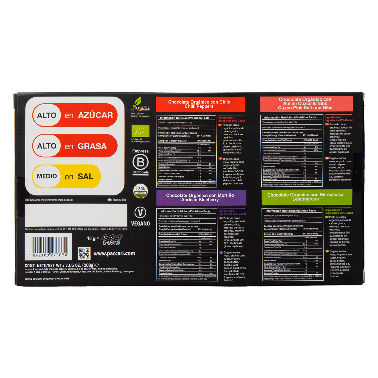 Chocolate Orgánico Wwf Pack Sin Leche PACCARI 4 X 50 g