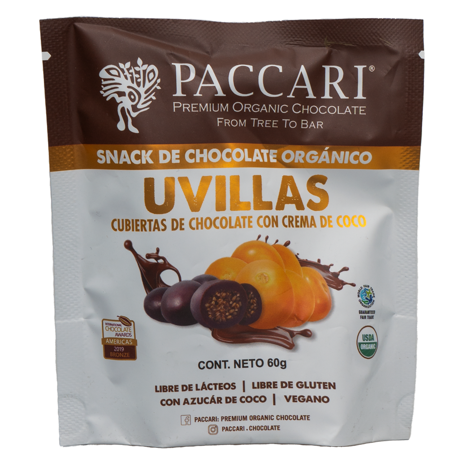 Chocolate Orgánico Uvillas Chocolate Y Crema De Coco PACCARI 60 G