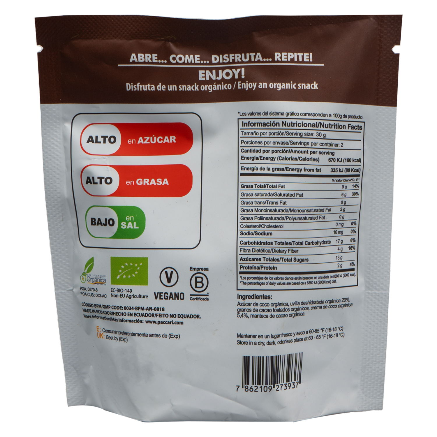 Chocolate Orgánico Uvillas Chocolate Y Crema De Coco PACCARI 60 G
