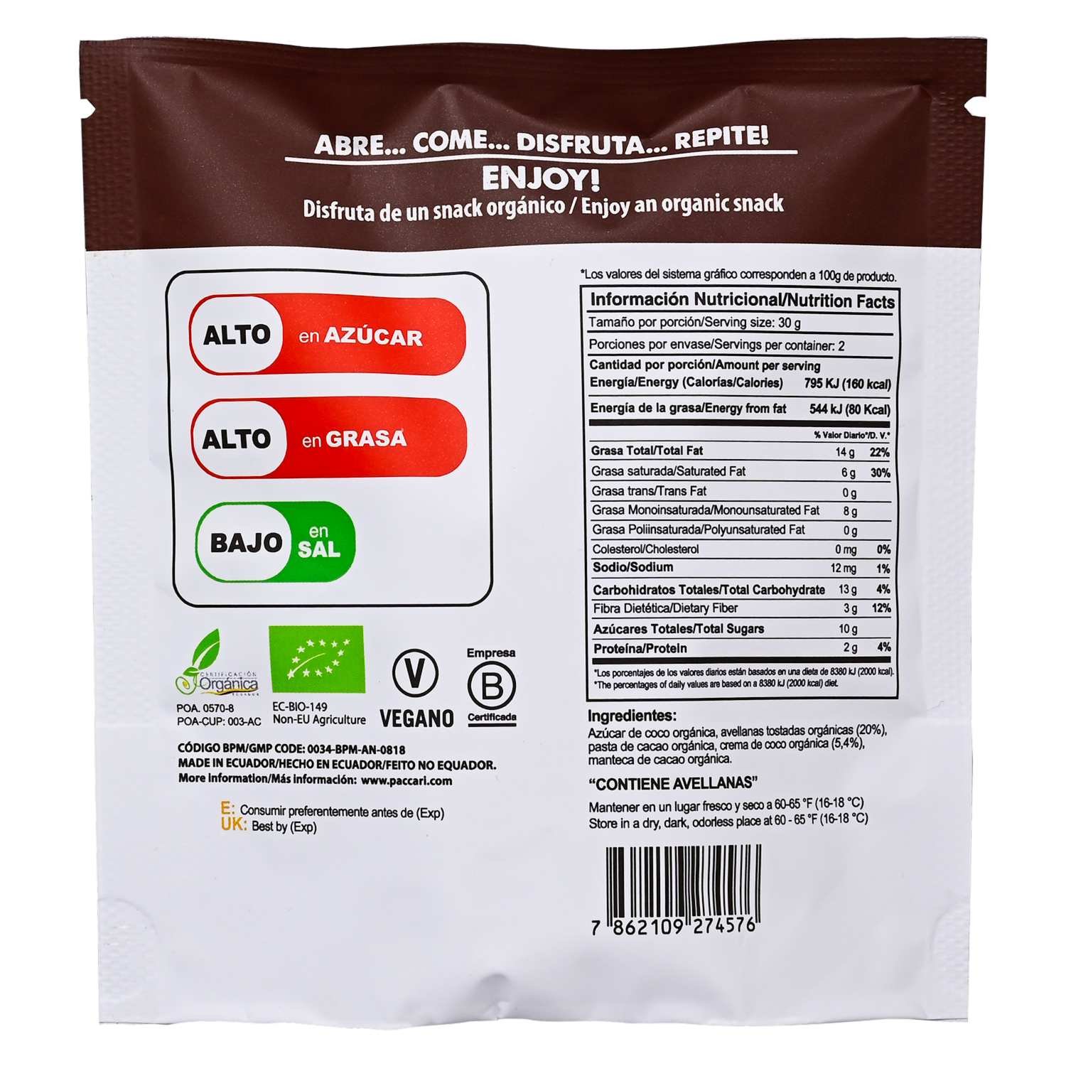 Avellanas Cubiertas De Chocolate Con Crema De Coco PACCARI 60 G
