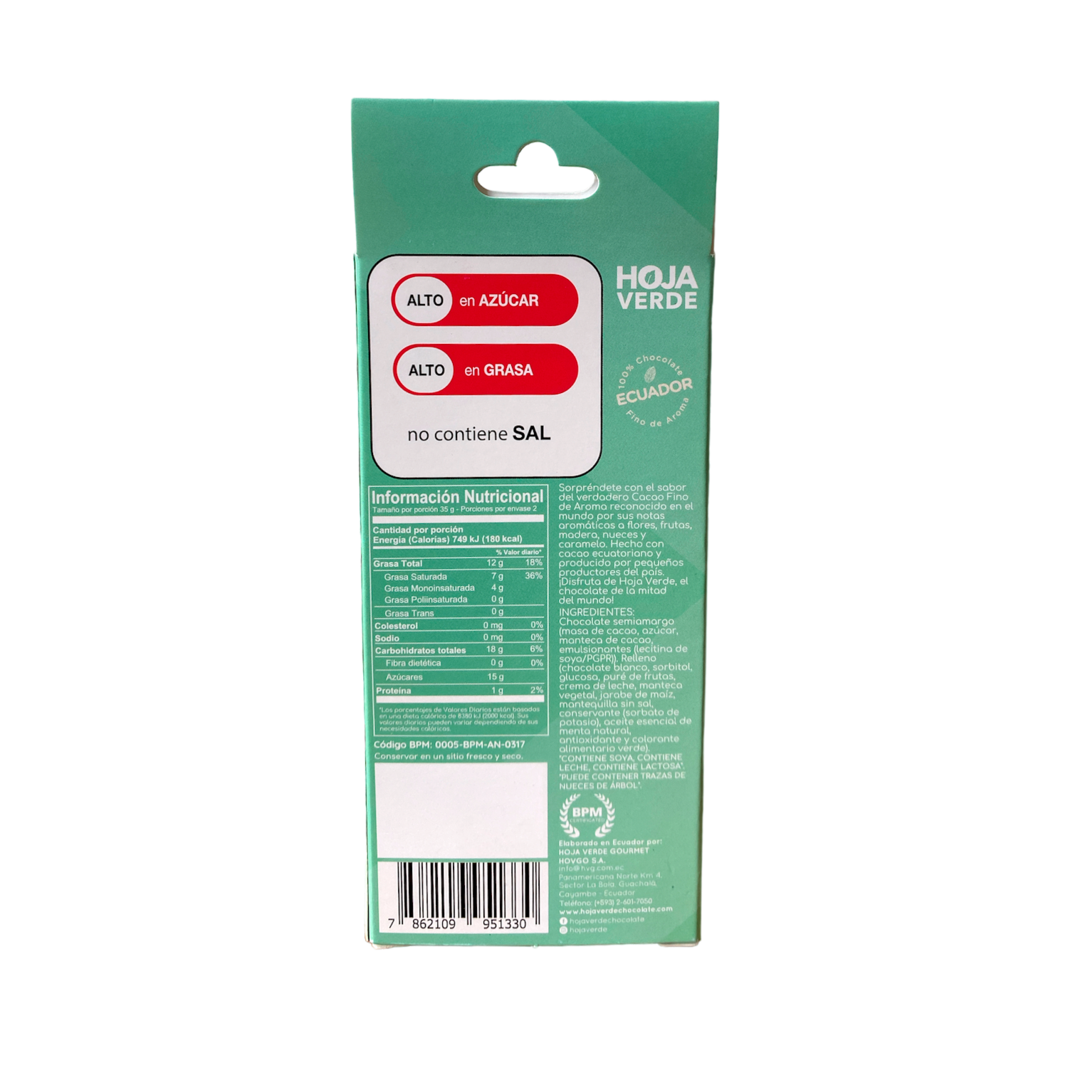 Chocolate En Barra Puro Rellenas Sabor A Menta HOJA VERDE Pack 2 X 35 G