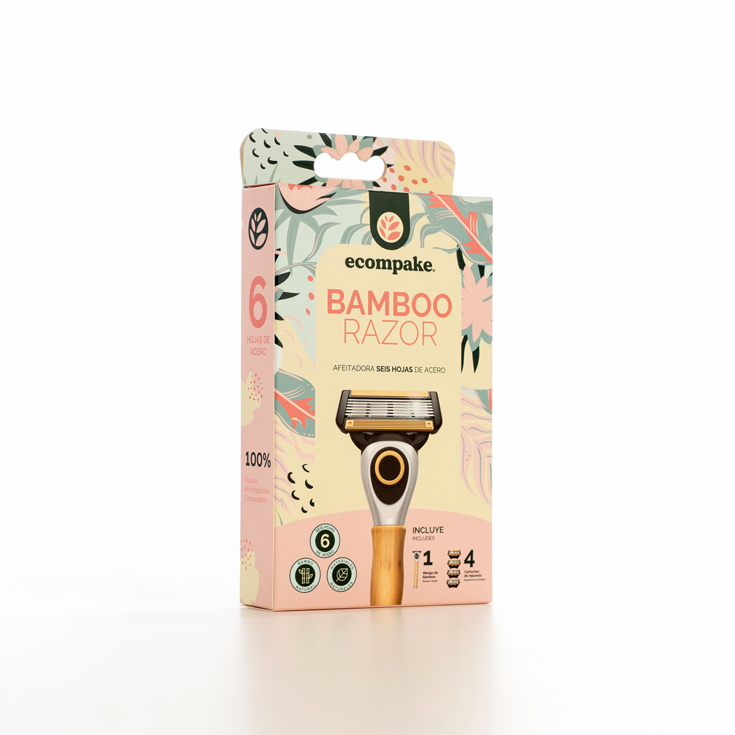 Rasuradora Dama Mango De Bamboo 6 Hojas De Acero ECOMPAKE Con 4 Cartuchos