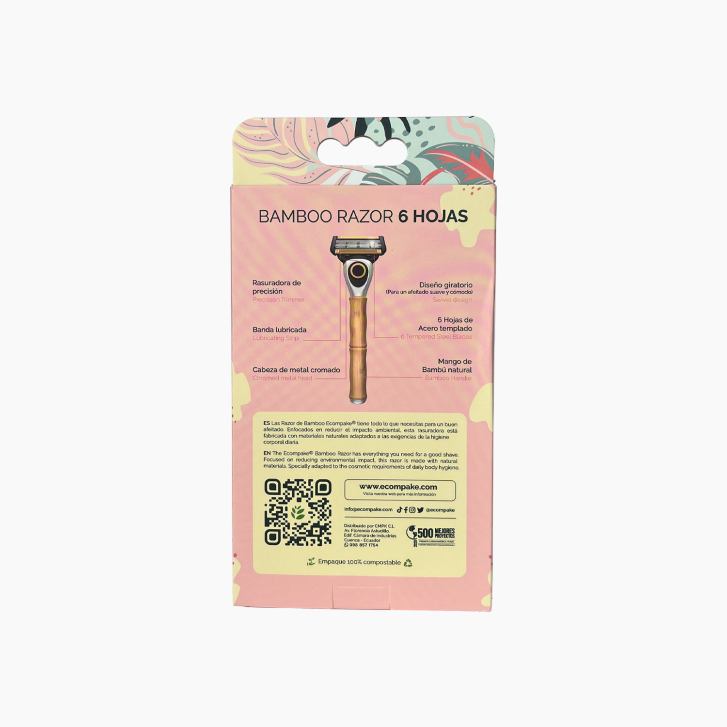 Rasuradora Dama Mango De Bamboo 6 Hojas De Acero ECOMPAKE Con 4 Cartuchos