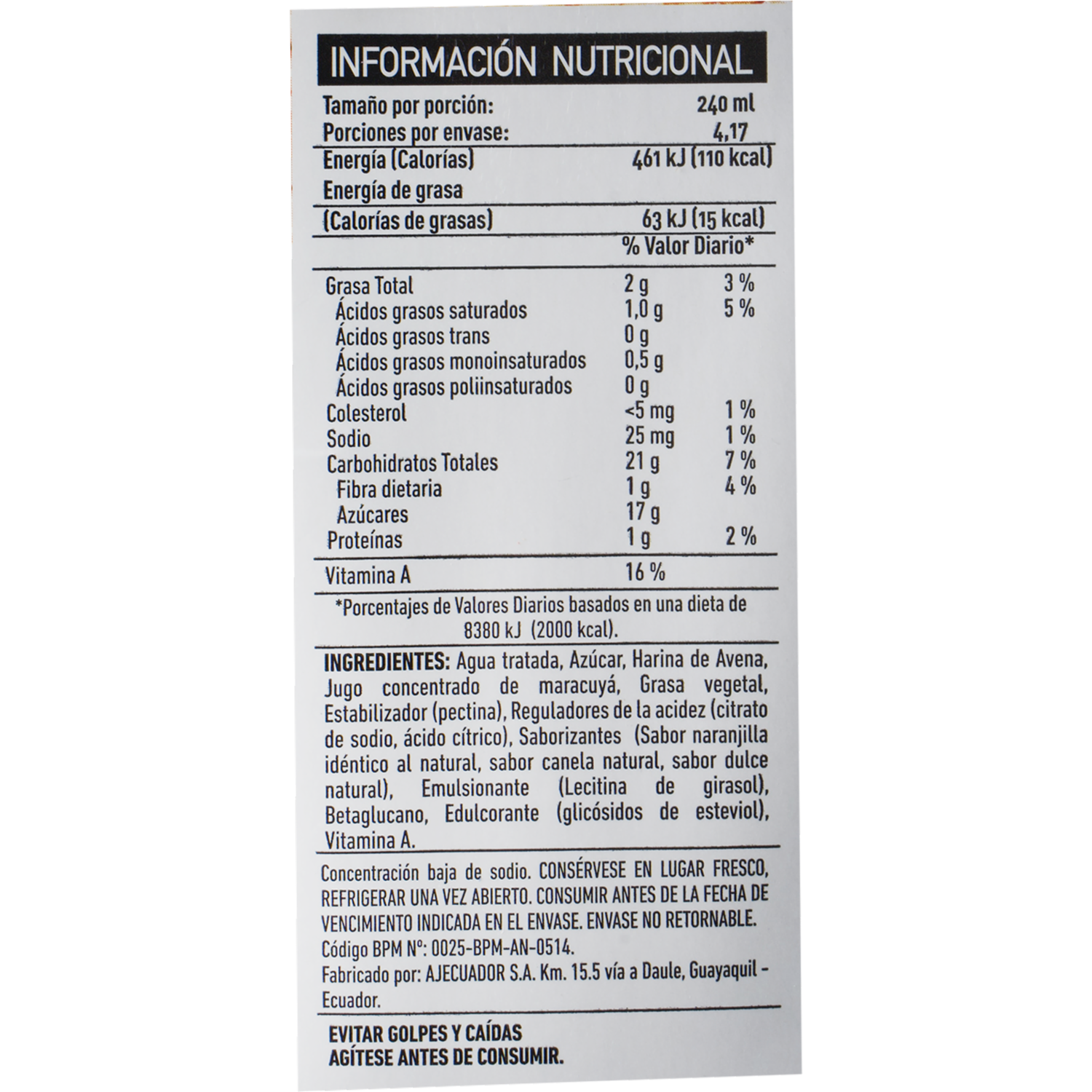 Bebida De Avena Naranjilla y Maracuyá PULP Tetrapak