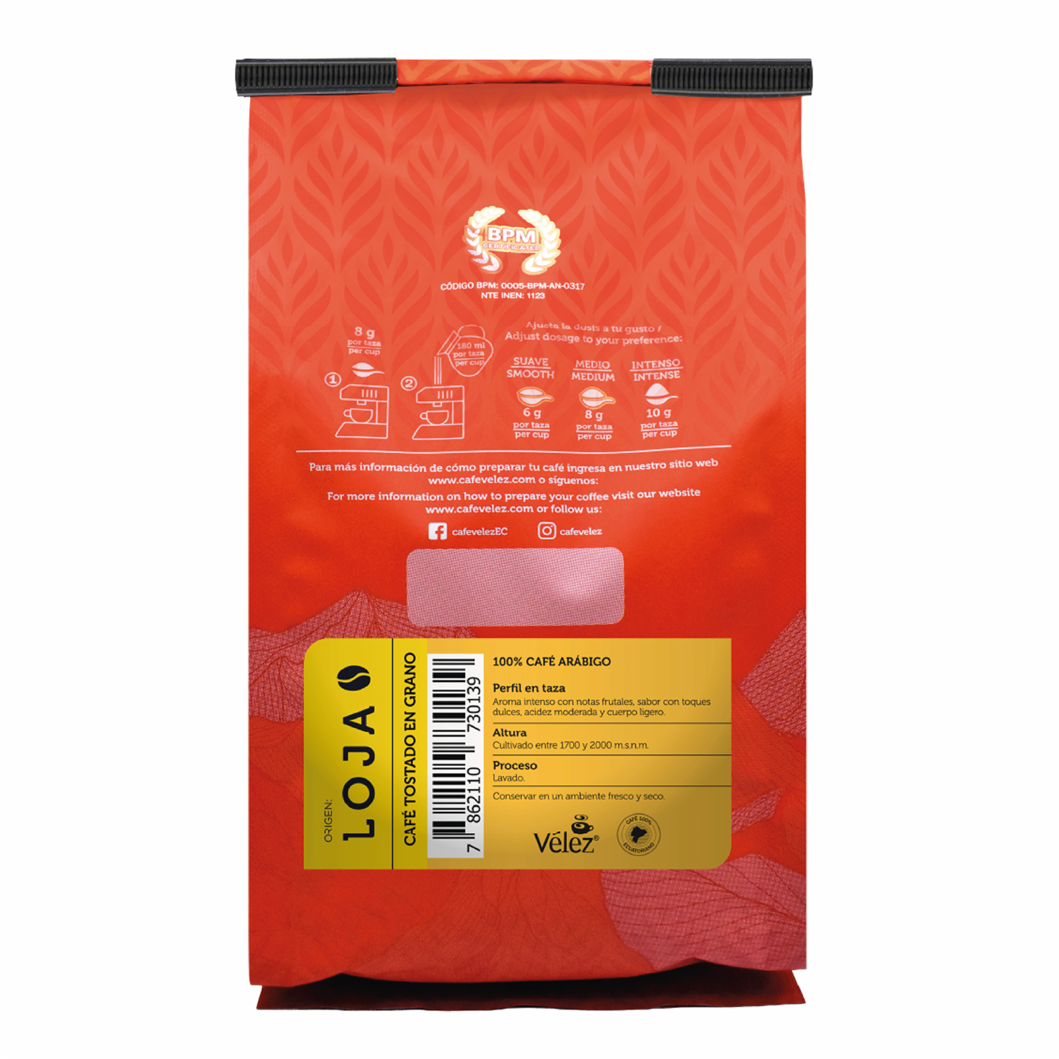 Café Tostado  En Grano Fino Ecuatoriano Lojano VÉLEZ 340 G