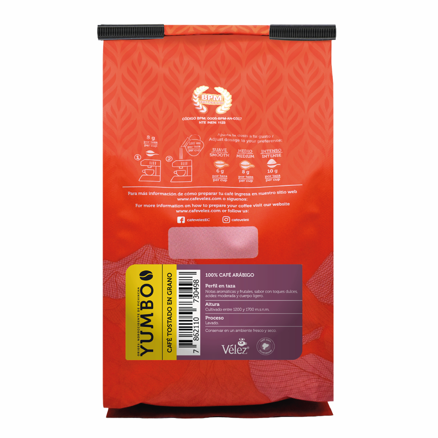 Café Tostado  En Grano Fino Ecuatoriano Yumbo VÉLEZ 340 G