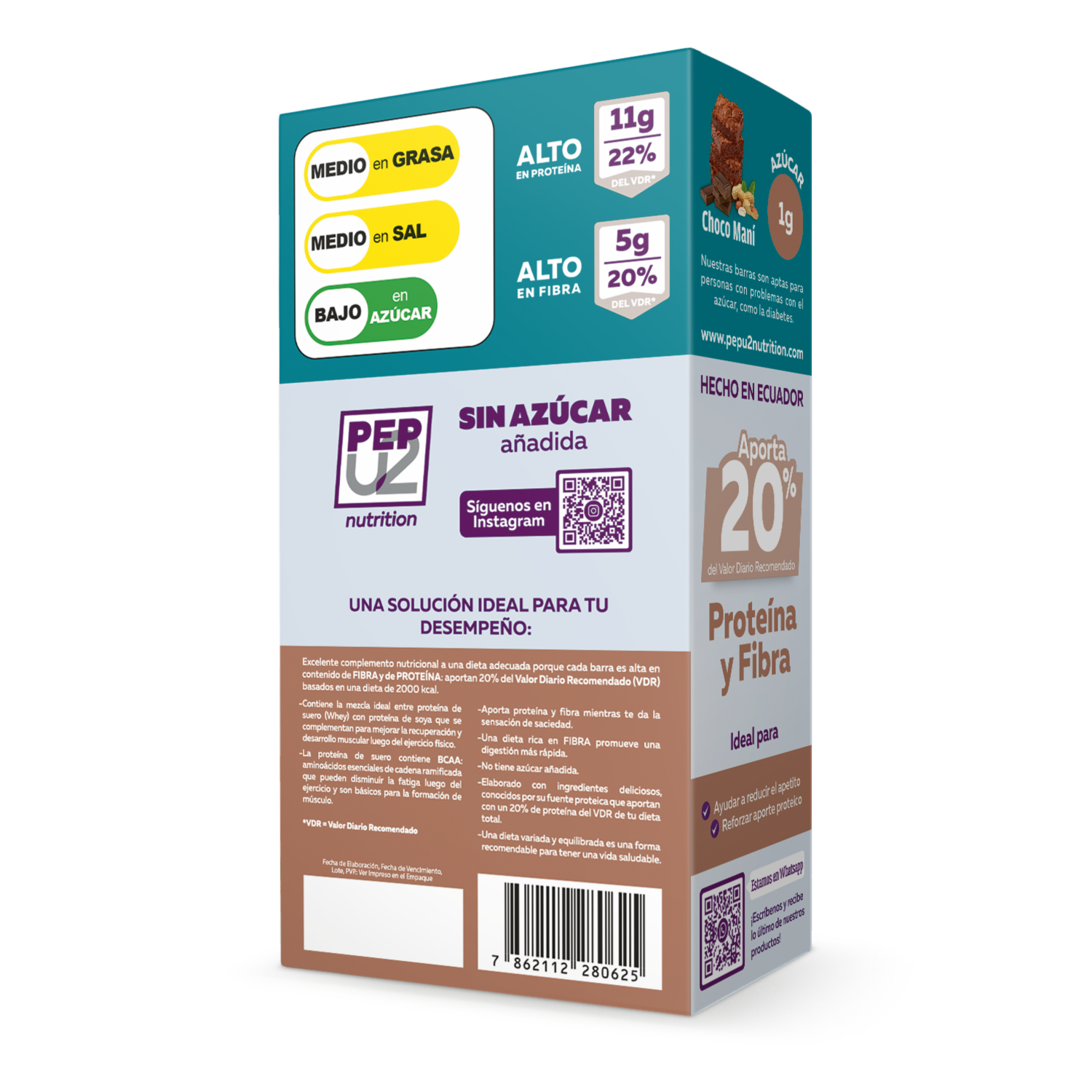 Barra De Proteína Vegetal Con Fibra Choco Maní PEPU2 NUTRITION 4 Uds X 50 G