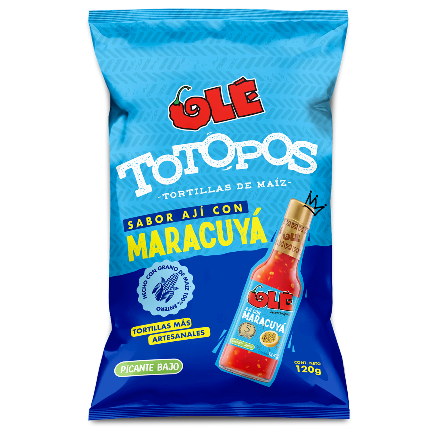 Totopos De Maíz Sabor Ají Con Maracuyá OLÉ 120 G