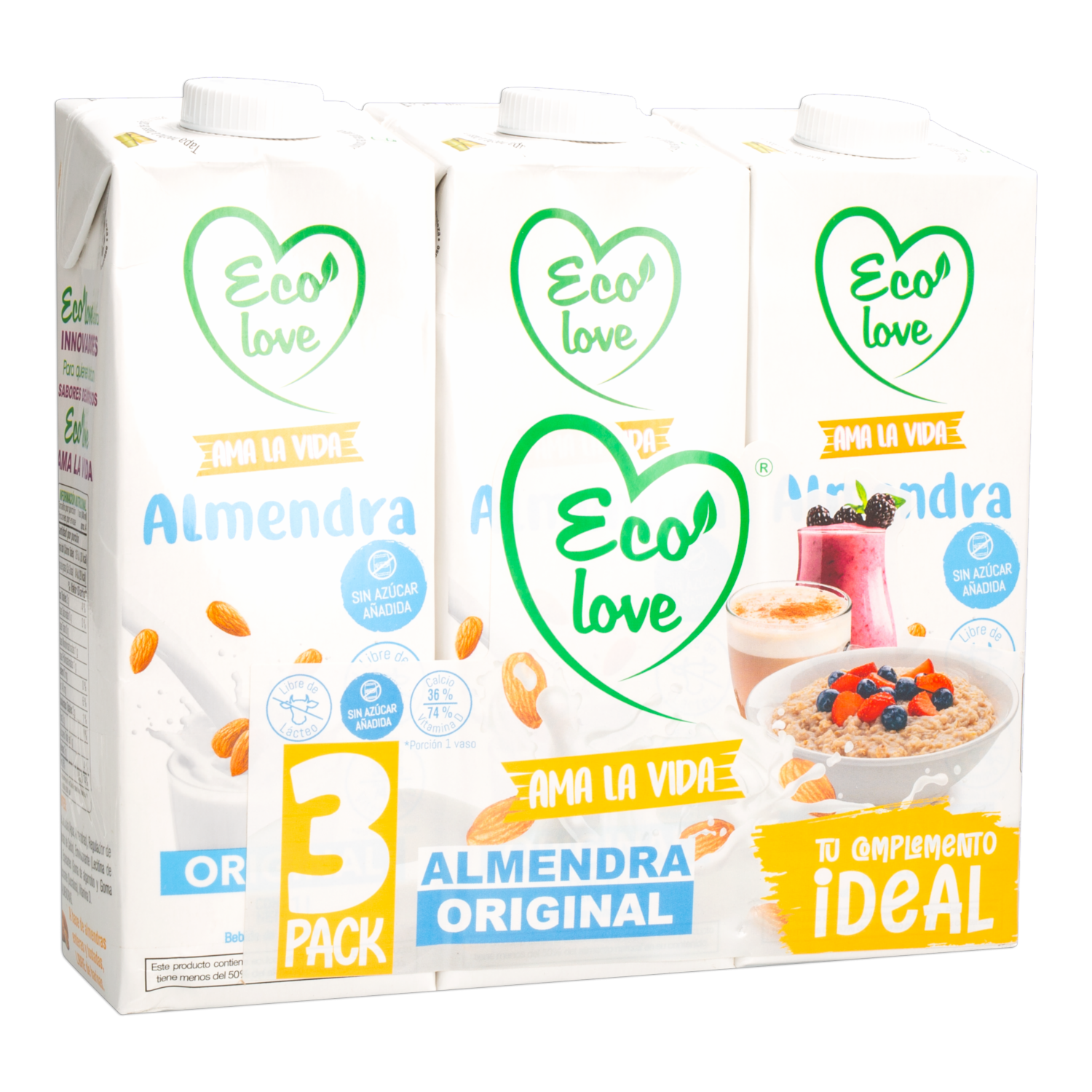 Bebida De Almendras Natural ECOLOVE 3 X 1 000 Ml