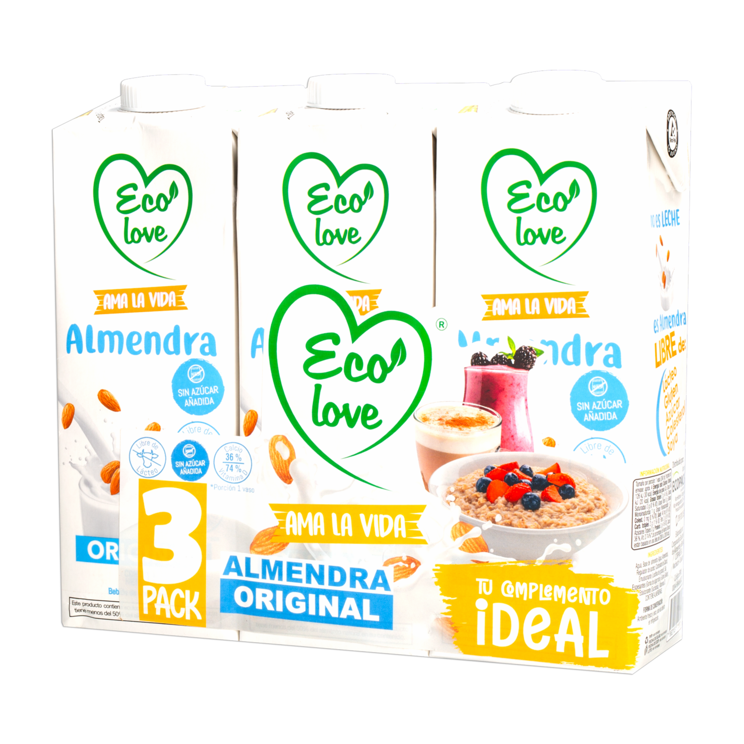 Bebida De Almendras Natural ECOLOVE 3 X 1 000 Ml