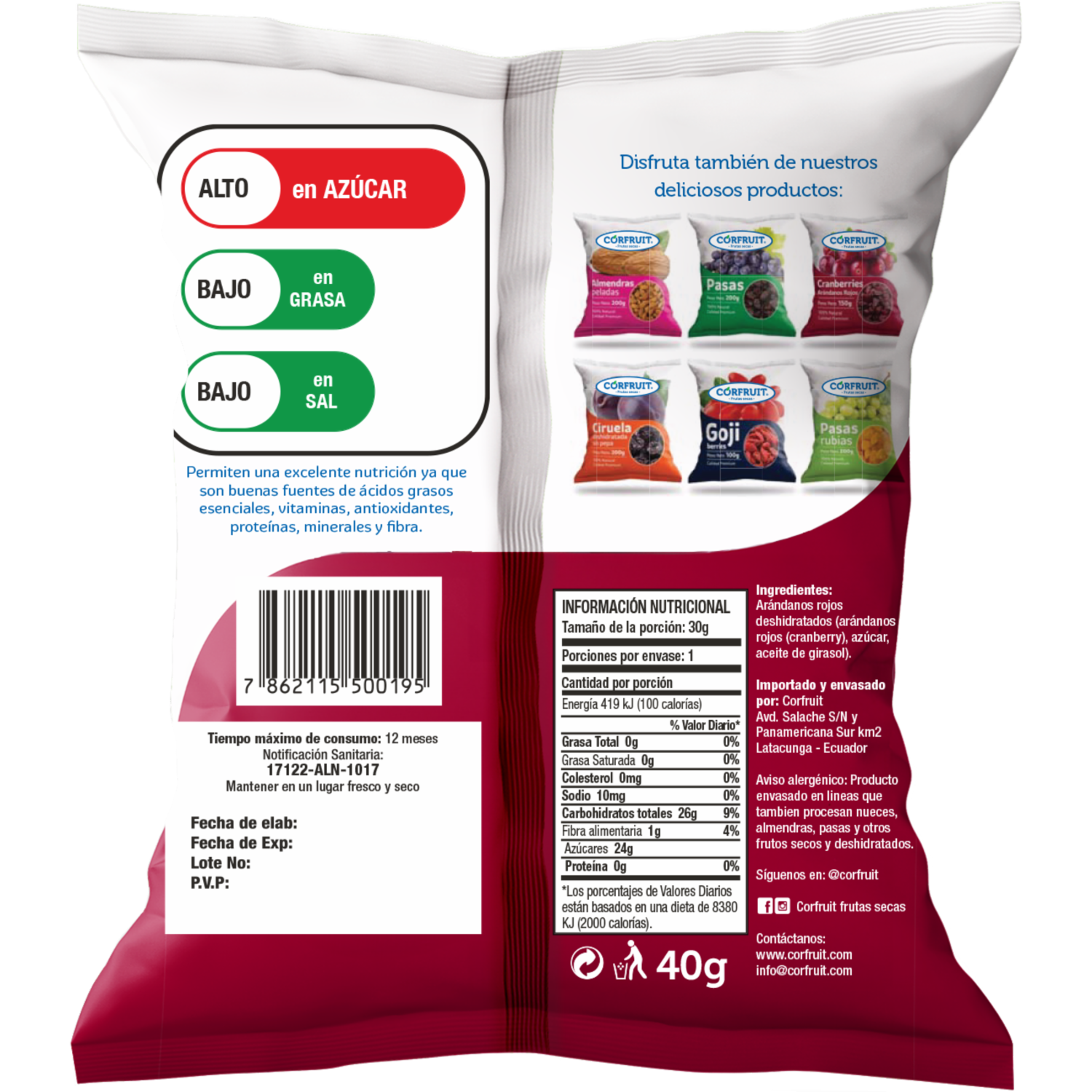 Arándanos Rojos 100% Natural Calidad Premium CORFRUIT 40 G