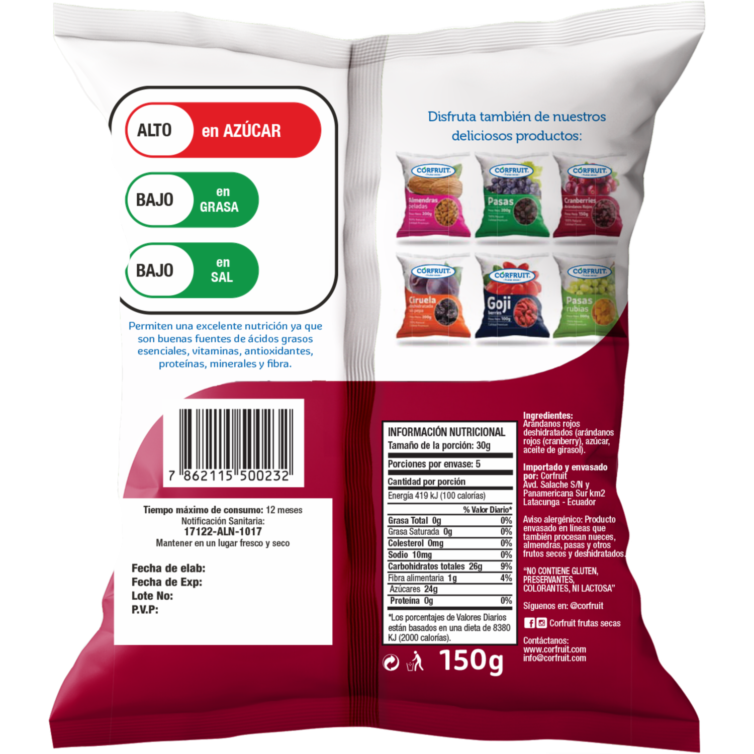 Arándanos Rojos 100% Natural Calidad Premium CORFRUIT 150 G