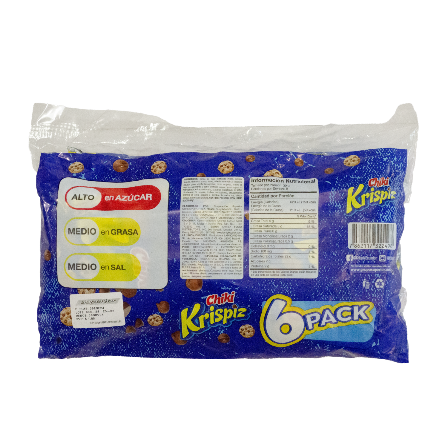Galletas Dulces Con Chispas Sabor A Chocolate KRISPIZ 6 X 30 G