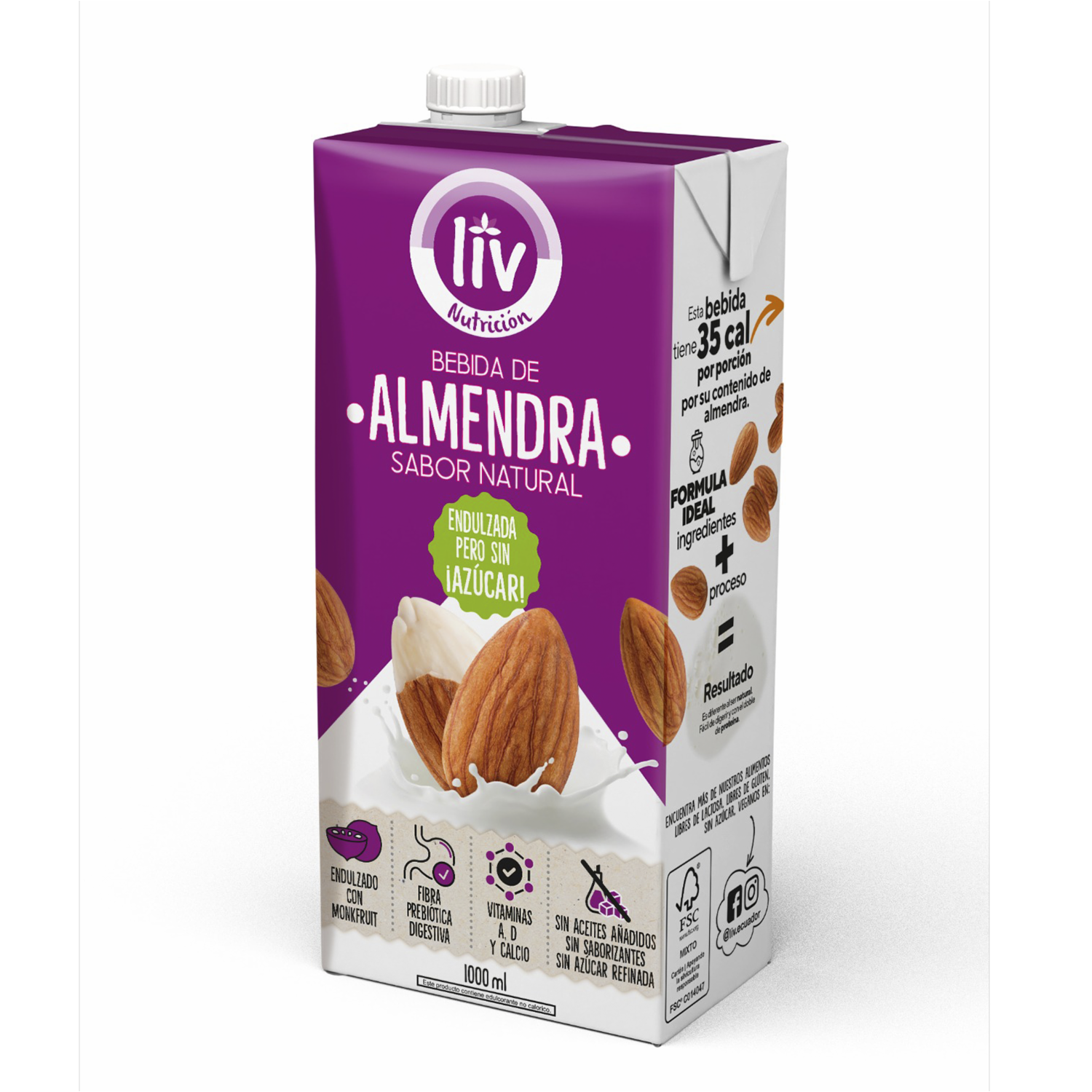 Bebida De Almendras Sabor Natural Endulzada Con Monk Fruit LIV 1000 Ml