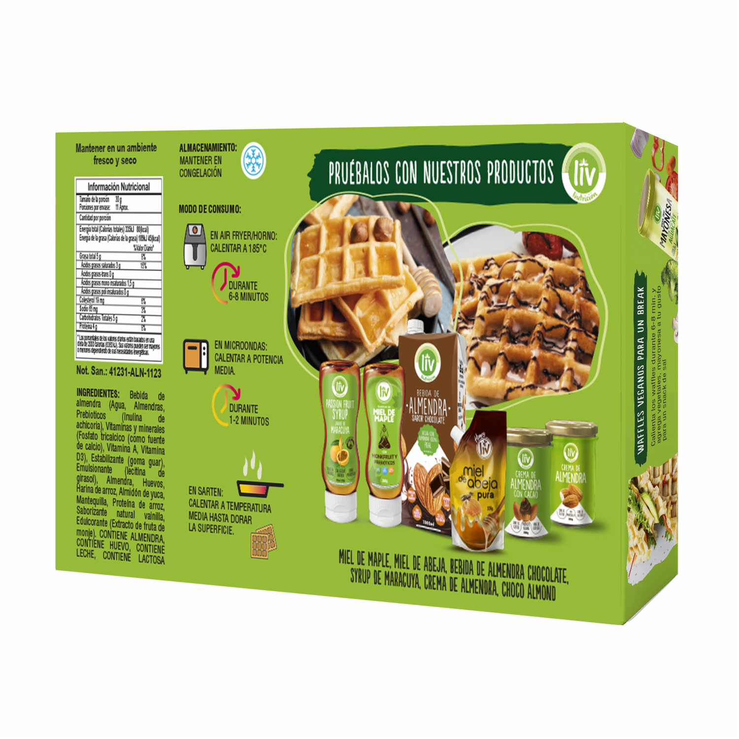 Wafles Congelados De Almendra Vegetarianos Sin Gluten Sin Azúcar LIV NUTRICIÓN 340 G