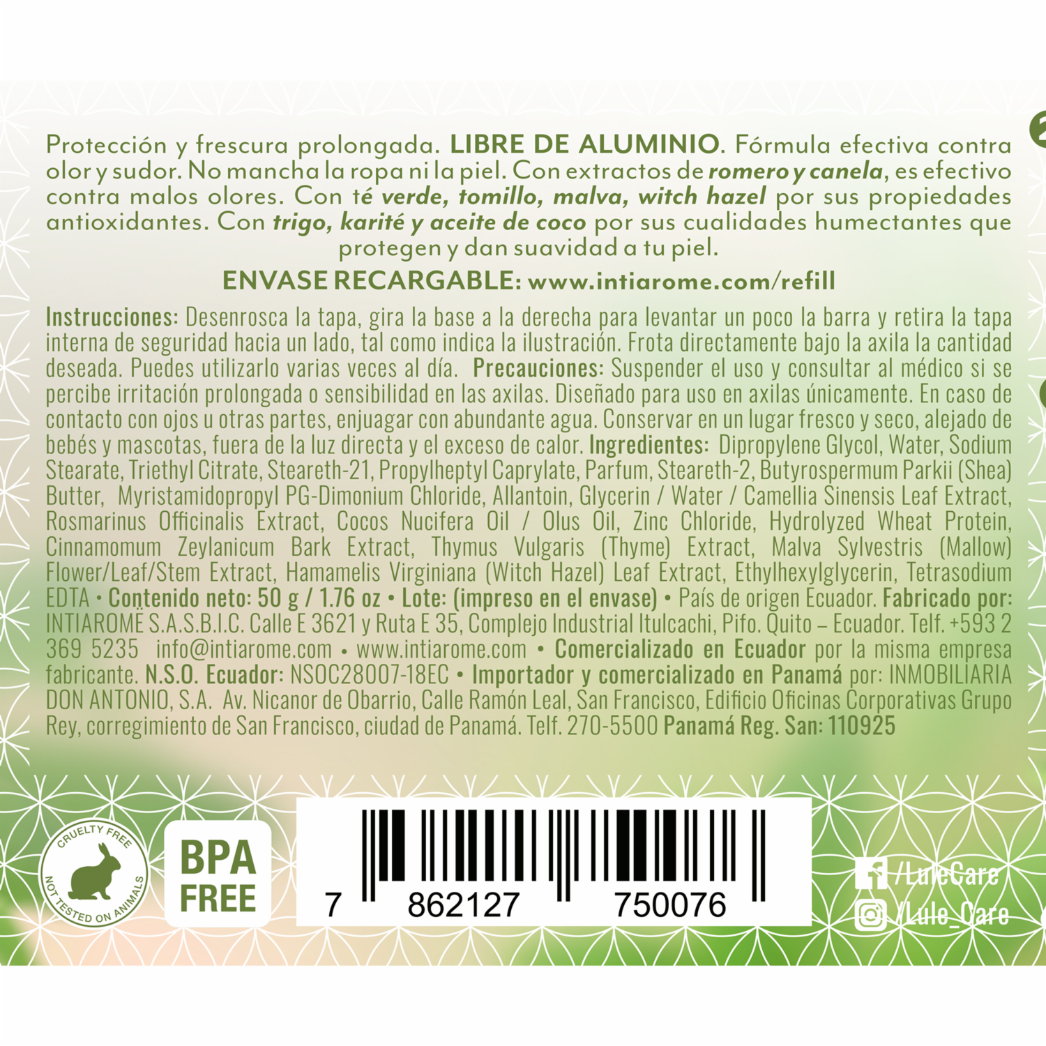 Desodorante En Barra Natural Sin Aluminio Refreshing Verbena LULË CARË 50 G