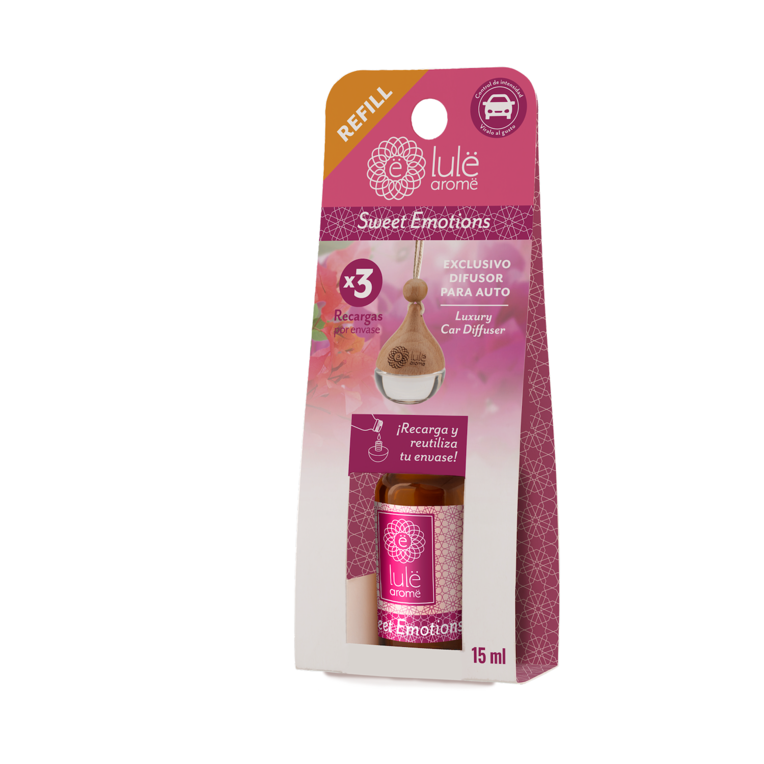 Difusor Ambiental Para Auto Recarga Fragancia Sweet Emotions LULË AROMË 15 Ml