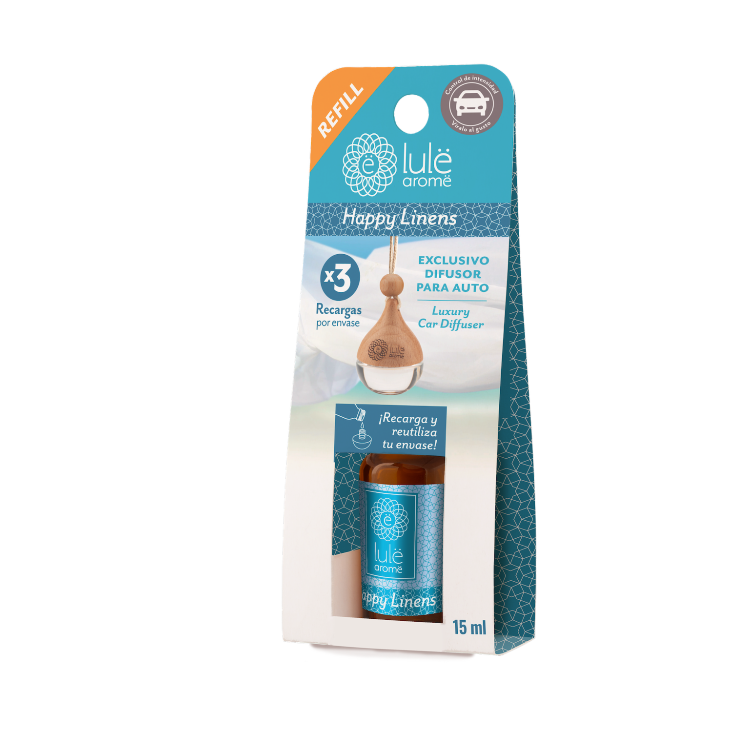 Difusor Ambiental Para Auto Recarga Fragancia Happy Linens LULË AROMË 15 Ml