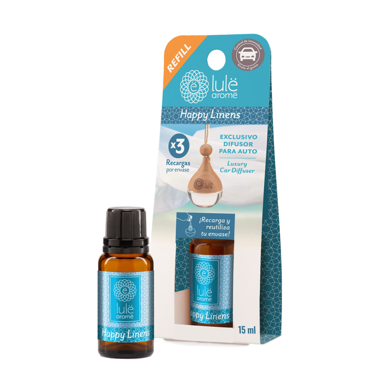 Difusor Ambiental Para Auto Recarga Fragancia Happy Linens LULË AROMË 15 Ml