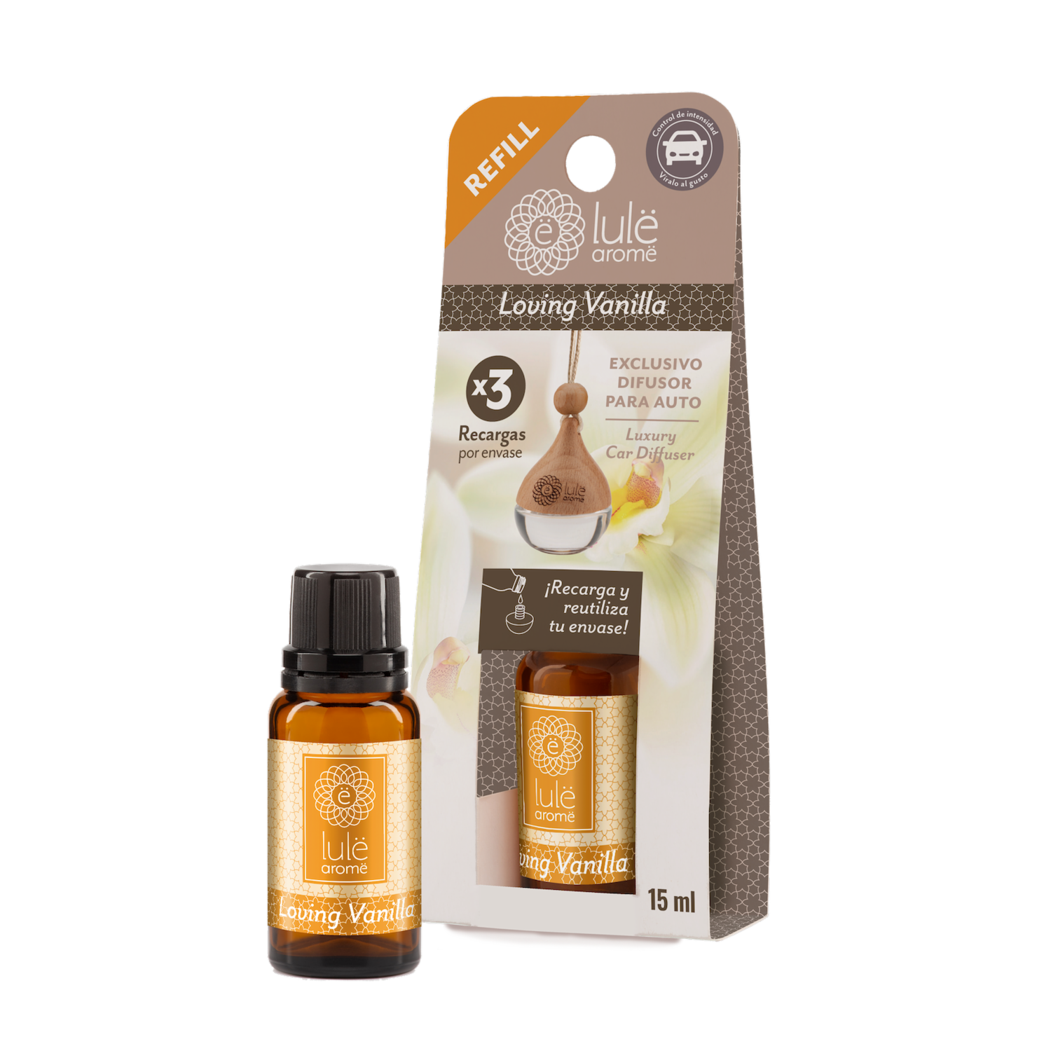 Difusor Ambiental Para Auto Recarga Fragancia Loving Vainilla LULË AROMË 15 Ml
