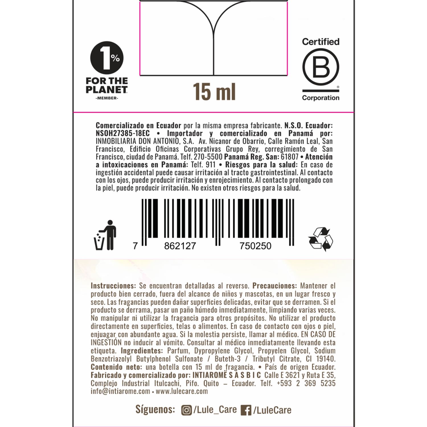 Difusor Ambiental Para Auto Recarga Fragancia Loving Vainilla LULË AROMË 15 Ml
