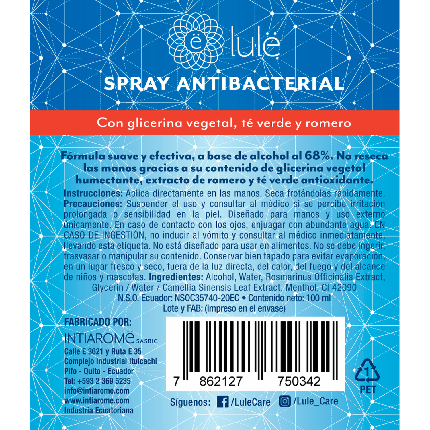 Spray Antibacterial Para Manos No Reseca LULË 100 Ml