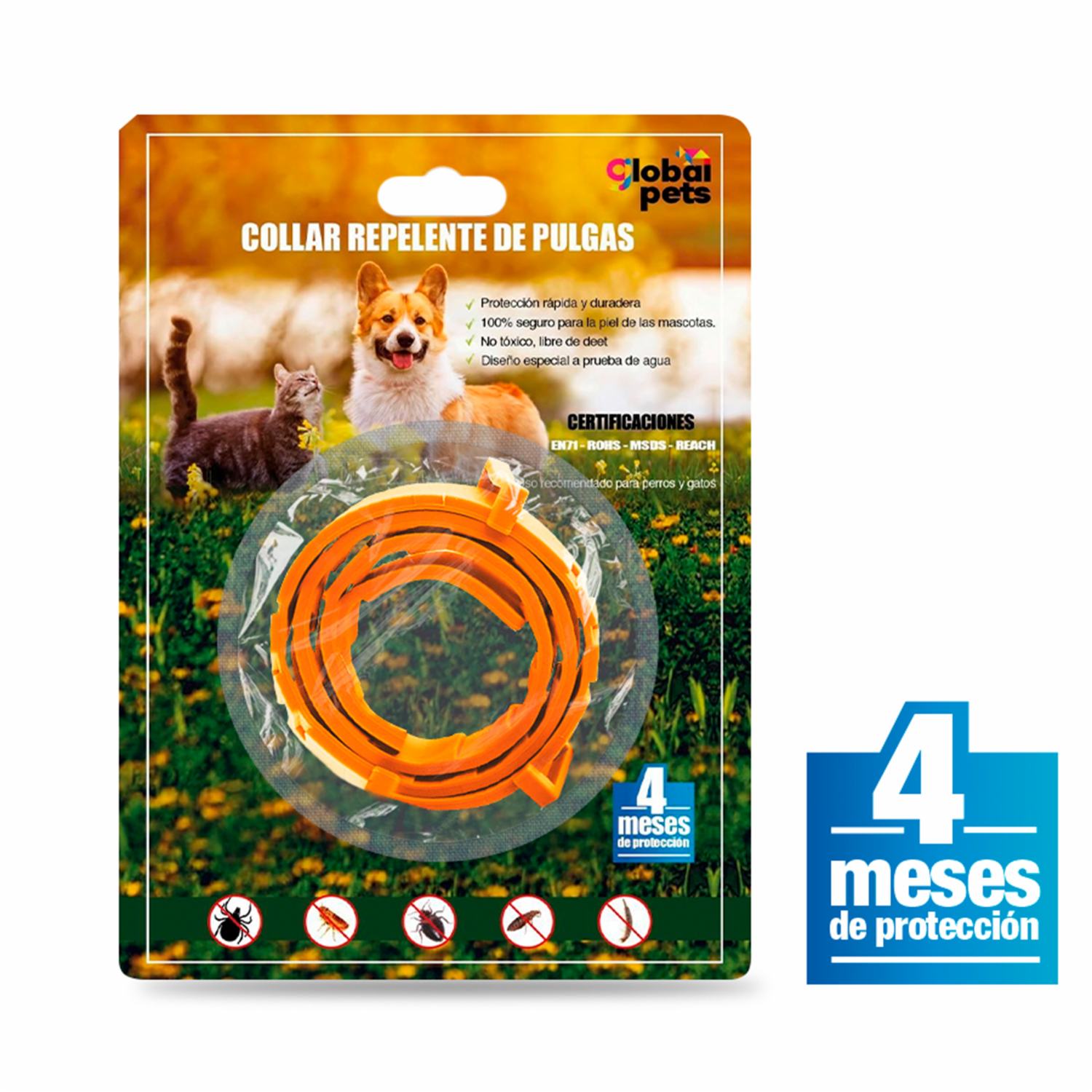 Collar Para Mascotas Repelente De Pulgas Duración 4M GLOBAL PETS 40 Cm