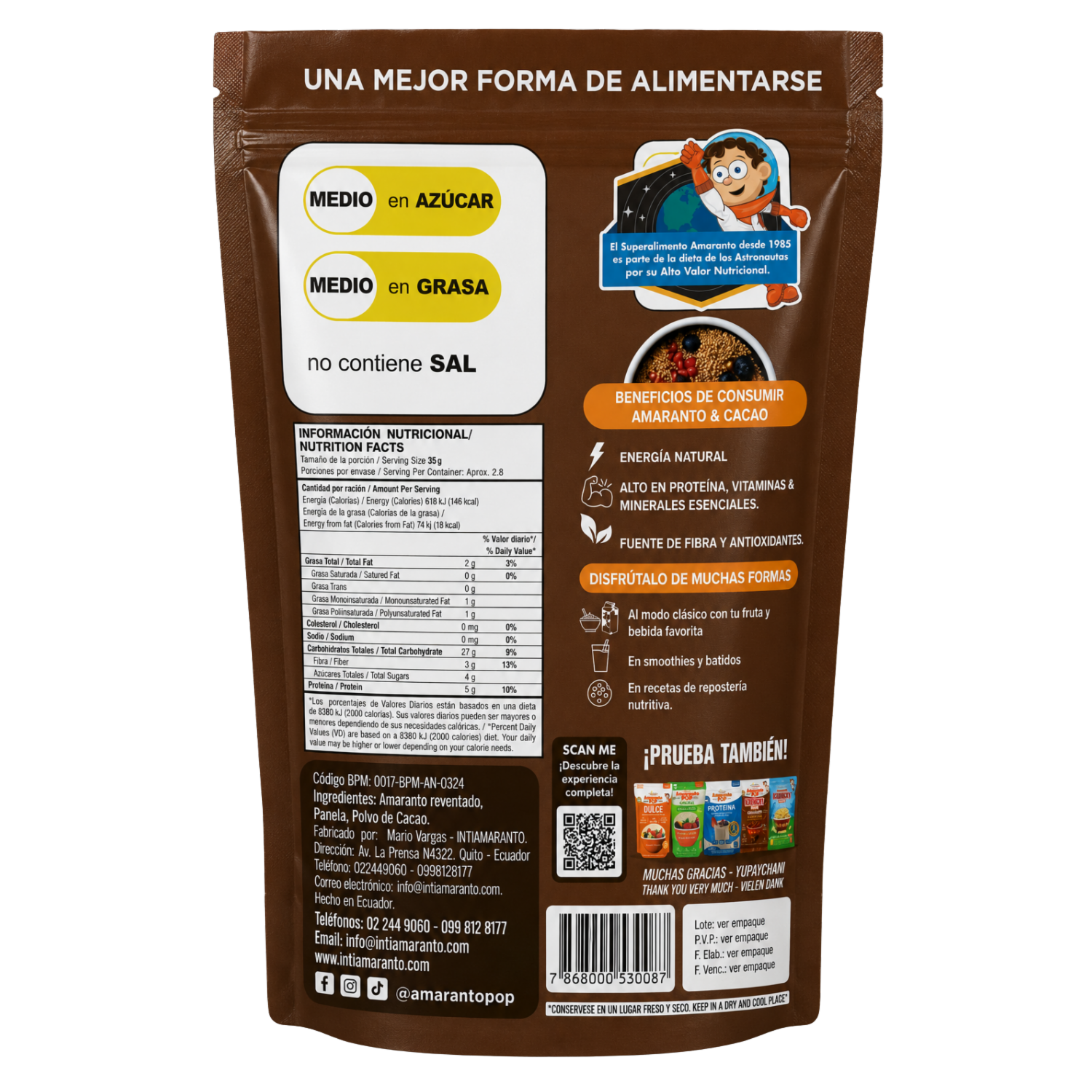 Amaranto Pop Reventado Con Panela Y Cacao INTIAMARANTO 100 G