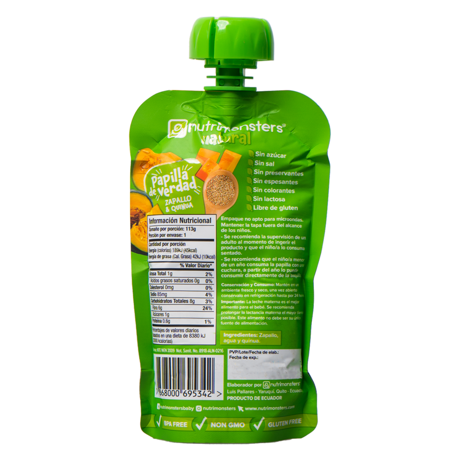 Compota Pouch Zapallo Y Quinoa NUTRIMONSTERS 113 G