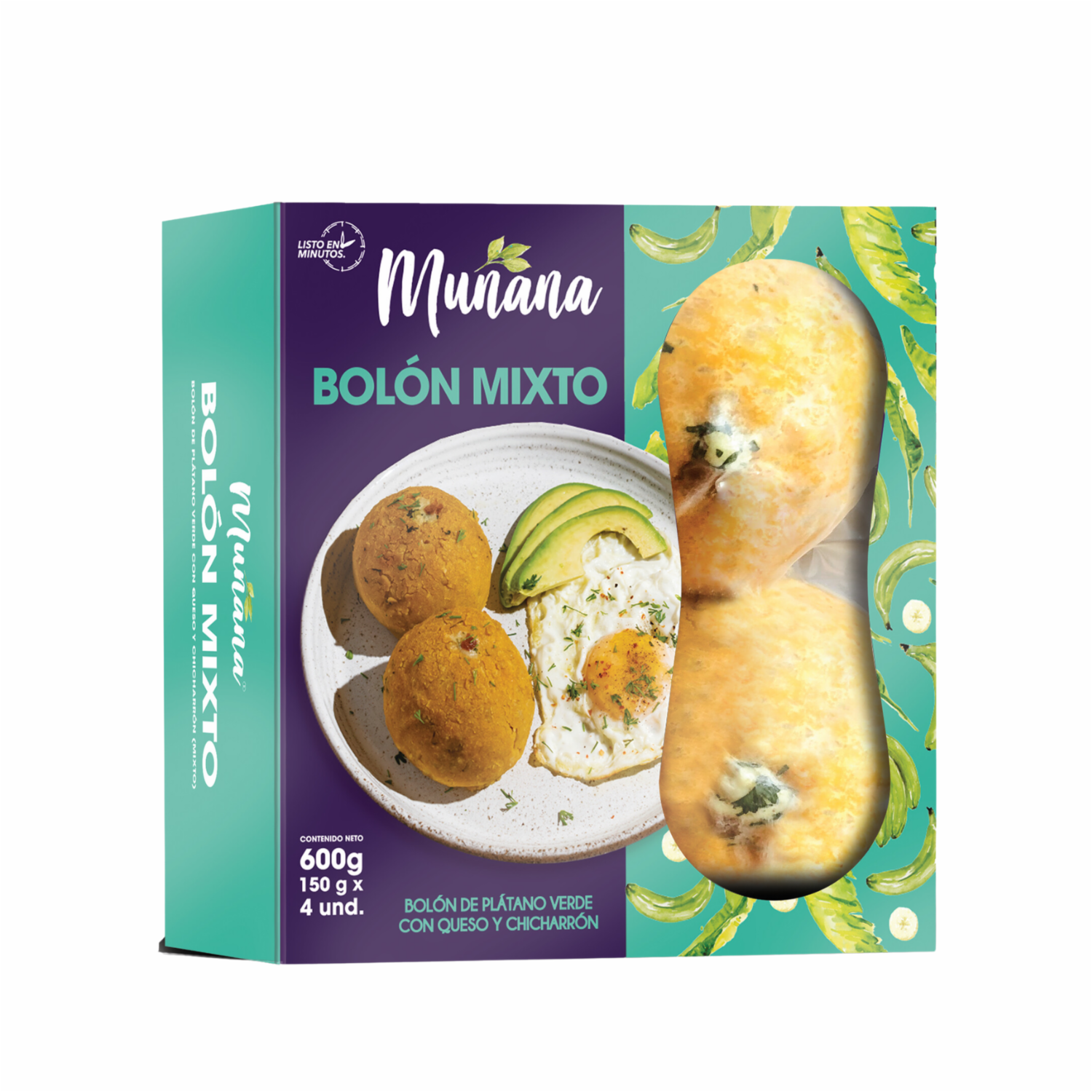 Bolón De Plátano Verde Mixto Con Queso Y Chicharrón MUNANA 4 Uds X 150 G