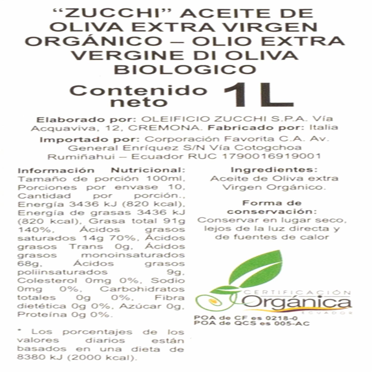 Aceite De Oliva Orgánico Extra Virgen ZUCCHI 1000 Ml