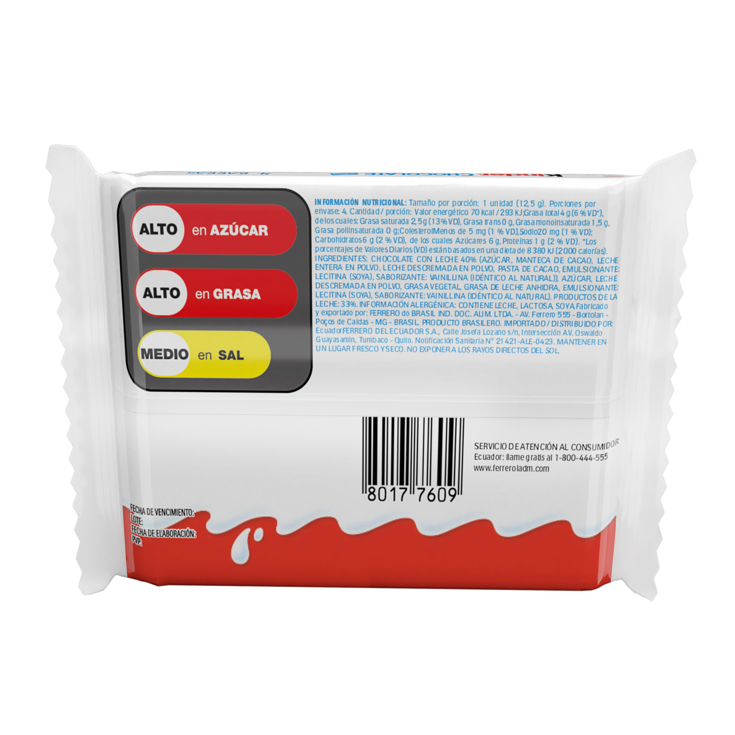 Barra De Chocolate 33% Ingredientes De La Leche KINDER 50 G