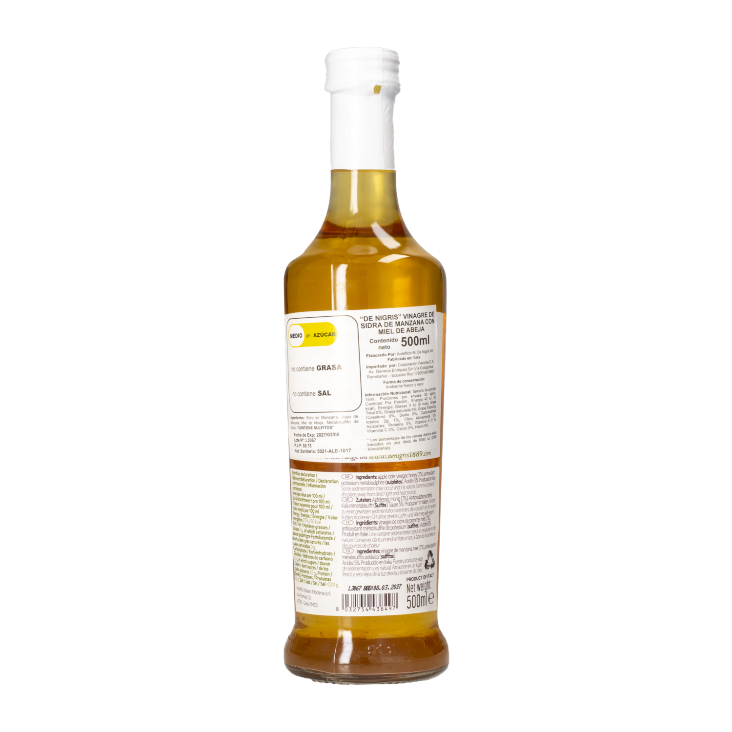 Vinagre De Sidra Manzana Con Miel De Abeja DE NIGRIS 500 Ml
