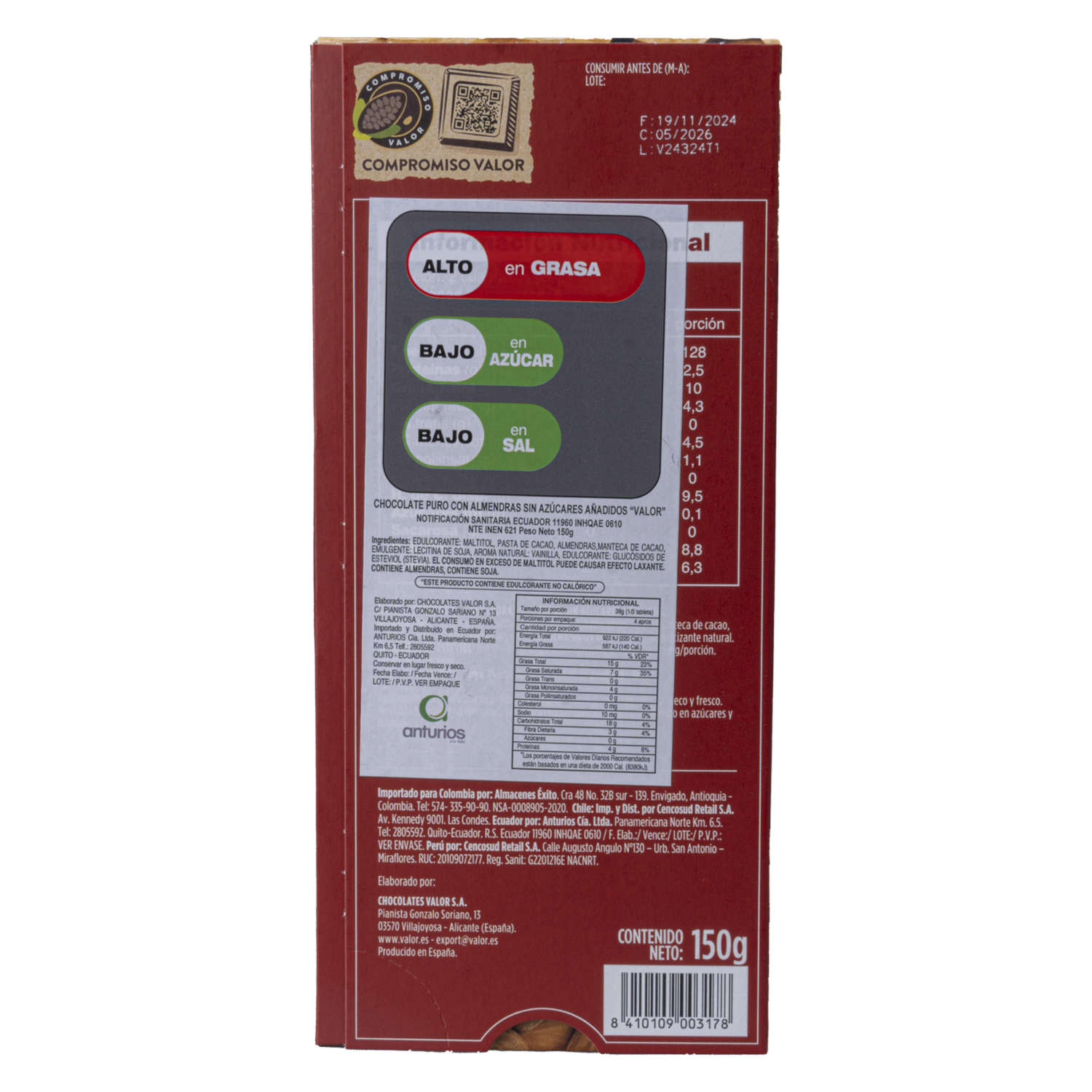 Chocolate Puro Con Almendra Sin Azúcar VALOR 150 G