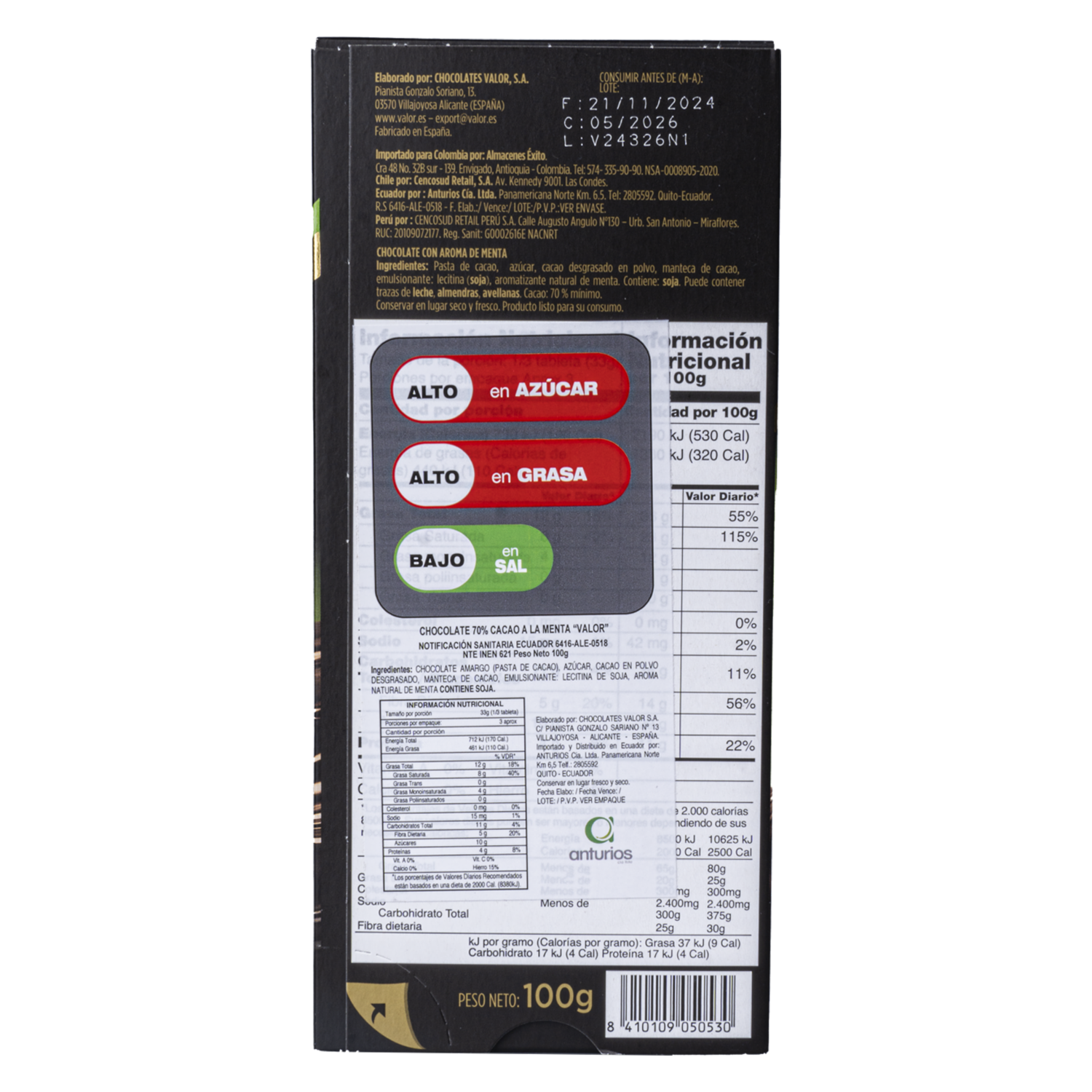 Chocolate De Cacao Menta VALOR 100 G