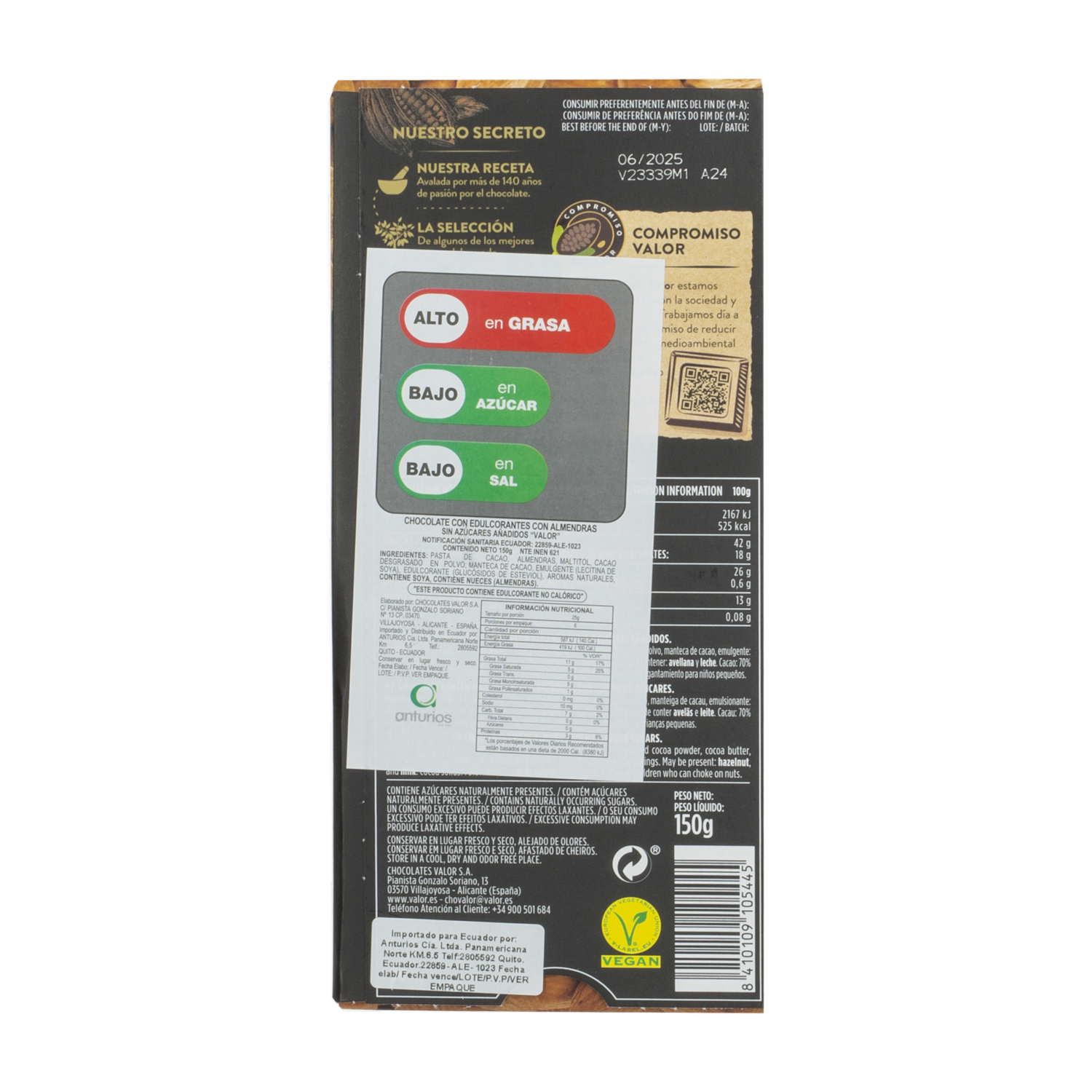 Chocolate Con Almendras Sin Azucares Añadidos VALOR 150 G