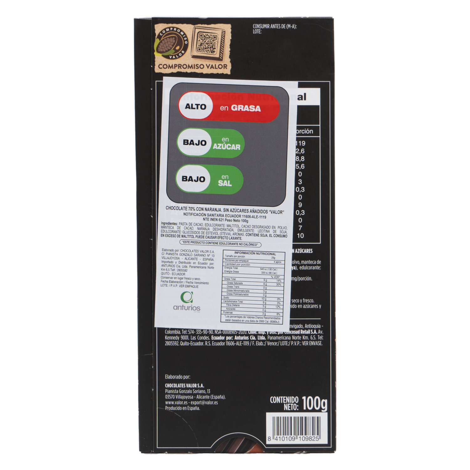 Chocolate Negro 0.7 Cacao/Naranja Sin Azúcar VALOR 100 G