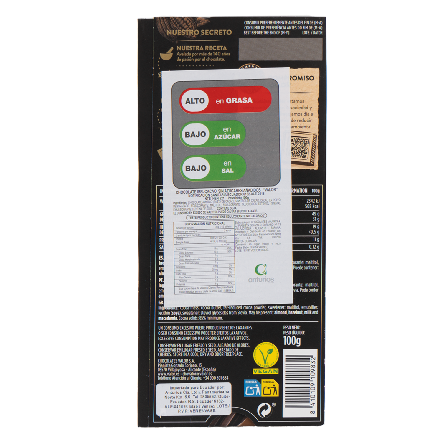 Chocolate Negro 85% Cacao Sin Azúcar VALOR Tableta