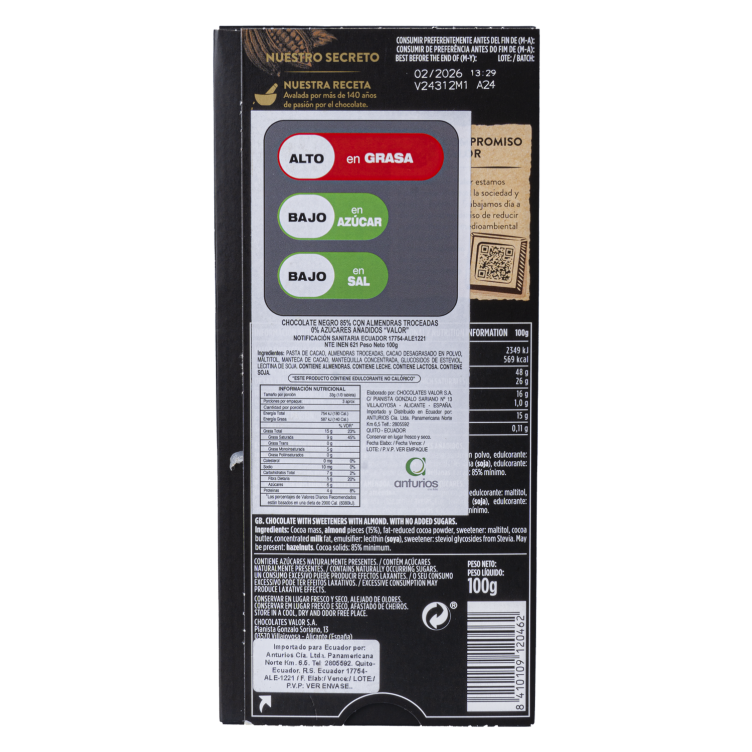 Chocolate Chocolate Con Almendras VALOR 100 G