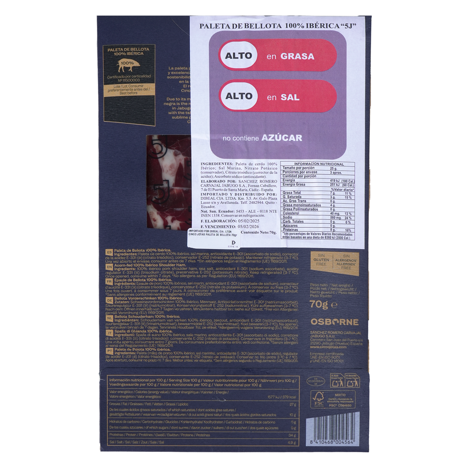 Paleta De Bellota Ibérica CINCO JOTAS 70 G