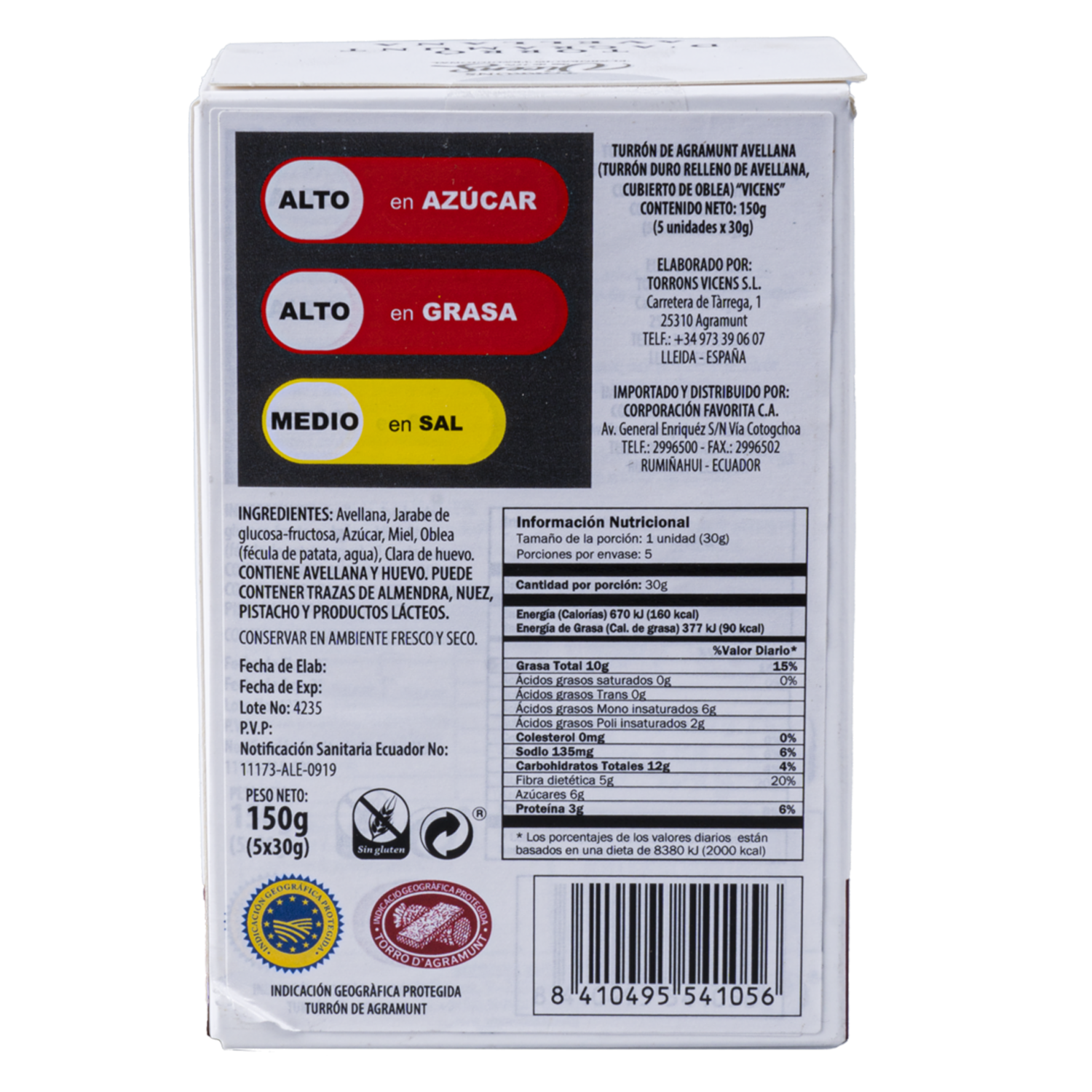 Turrón De Avellana Oblea Sin Gluten VICENS 150 G