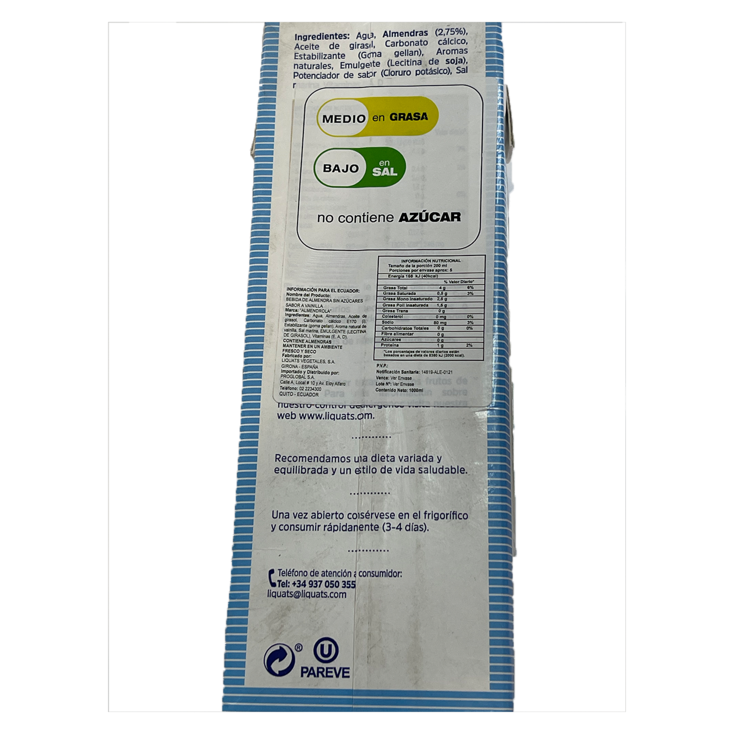Bebida De Almendras Sabor A Vainilla Sin Azúcar ALMENDROLA 1000 Ml